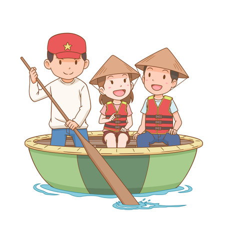 Cartoon illustration of tourists riding basket boat which is made from bamboo woven. Tourism in Vietnam.のイラスト素材