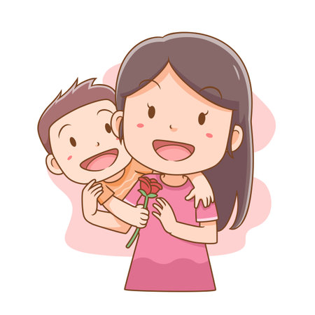 Vector illustration of cute little boy giving mother a rose flower. Happy Mother's Day.のイラスト素材