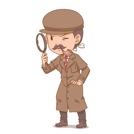 Cartoon character of detective looking through a magnifying glass.のイラスト素材