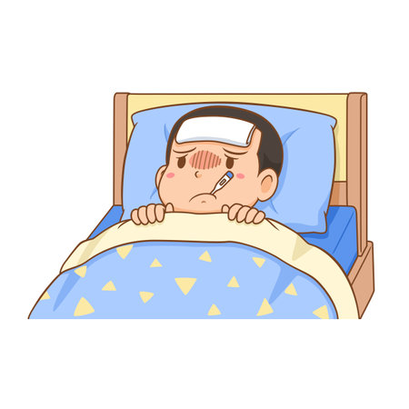 Cartoon of sick boy lying on the bed.のイラスト素材