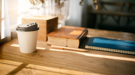 Warm tone, soft focus coffee cup and book on wooden table near bright window with sunlight shining...
