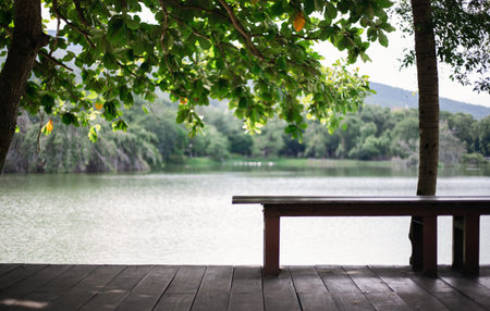 Wooden seat on wooden floor near river in park. place for people go to relax