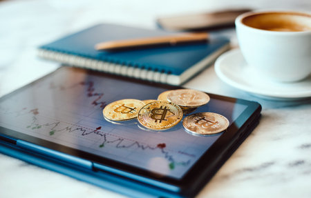 Focus on golden bitcoin on screen of digital tablet with coffee cup and notepad on desk office,...