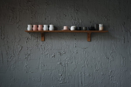 Wooden shelf with collection of coffee cup on rough cement wall interior design for cafe or home, retro styleの写真素材