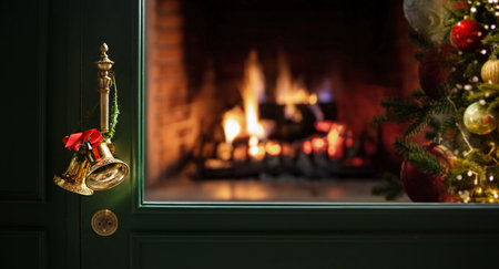 A small golden christmas bell hung on the door handle. inside have a fireplace and a christmas tree decorated with christmas balls and small lights, Blurred backgroundの写真素材