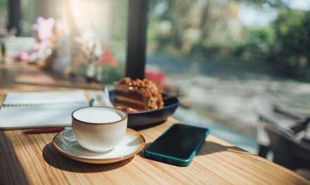 Hot fresh milk in coffee cup with chocolate cake for breakfast and mobile, note book on wooden table...