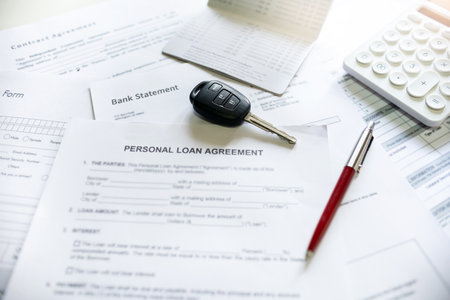 Car keys on personal loan contract agreement with passbook and bank statement to apply for a loan to purchase the first carの写真素材