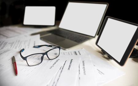 online modern technology concept, people using computer and modern communication devices working onlineの写真素材