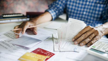 close up shot, asian man calculate expenses from credit card debt and many bills checking bank...