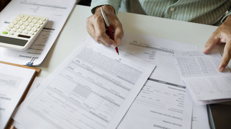 close up shot, man hand holding pen checking business contract, passbook and other documents before...