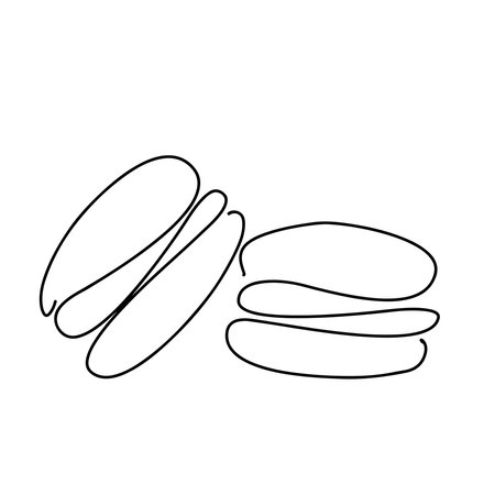 Continuous one line drawing of colorful French macaroons isolated on white background. Hand drawn macarons minimal design art, confectionery concept. Vector illustration for restauのイラスト素材