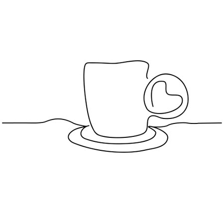 A cup of hot coffee with smoke in the shape of a heart. One line drawing. For different uses. Vector illustrationのイラスト素材