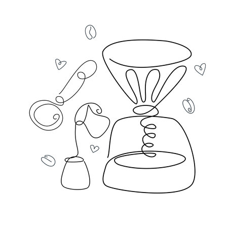 Pour over, the kettle, cup, and packet of milk. Coffee time composition. Line art, retro. Vector illustration for coffee shops, cafes, and restaurants.のイラスト素材