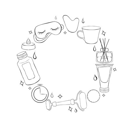 Handmade lavender cosmetics, jars, candles, aroma, soap, salts, decorations, bows, flowers, storage baskets. Hand drawn illustration with graphic line art in black and white ink. Round frame wreathのイラスト素材