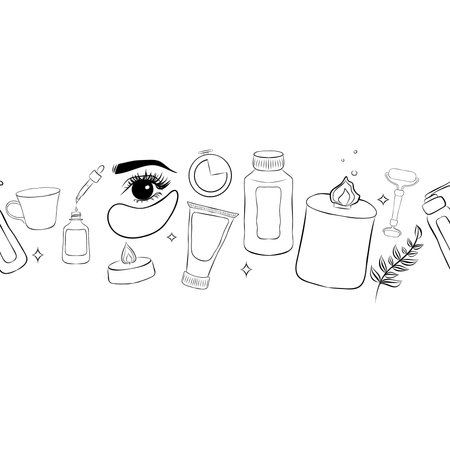 Seamless pattern or border with cosmetics: bottles, shampoos, gels and creams for care. The concept of natural and organic cosmetics for hair and body care. Vector line illustration in cartoon style.のイラスト素材