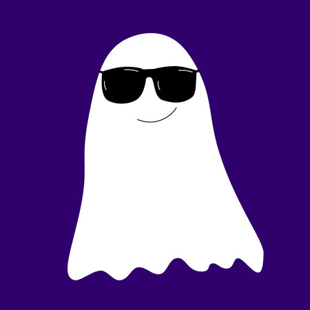 Ghost halloween vector cartoon illustration on purple black background with sunglasses cool fun smileのイラスト素材