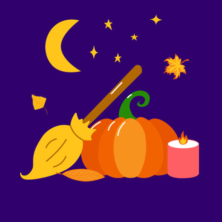 Halloween composition with pumpkin, candle, leaves and broom. Autumn design for invitation cards, trick or treat decor, greetingsのイラスト素材