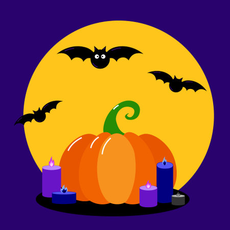 The atmosphere on Halloween night is dark, with pumpkin, candles, bats moonlight as the background. Vector illustrationのイラスト素材