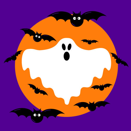 Midnight Halloween sky with flying bats and moon, and scary ghost Holiday cartoon vector background. Happy Halloween, trick or treat party celebration poster with spooky bats in haunted forest and moonのイラスト素材