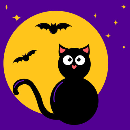 Cute and Spooky Halloween Black Cat Vector full moon and bats. ideal for cards and invitationsのイラスト素材