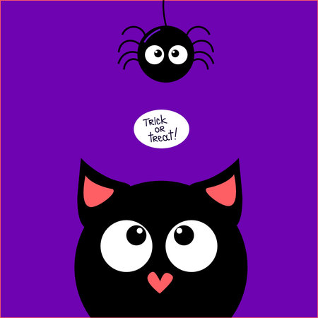 Happy Halloween. trick or treat Black cat face head silhouette looking up to hanging on dash line web spider insect. Cute cartoon vector character.のイラスト素材