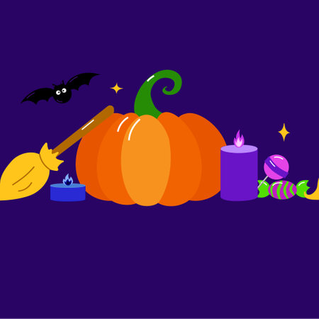 Happy Halloween banner or border with bats, pumpkin, candle, candies. Glowing Hanging Spooky Ornaments Decoration Vector illustration, trick or treat party invitationのイラスト素材