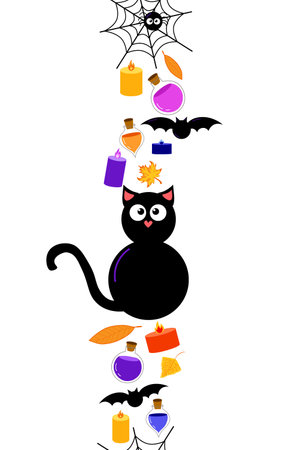 Scary silhouettes on Halloween border, holiday decoration. Black vertical vector pattern with black cat, candles, bats, web, spider, poisonのイラスト素材
