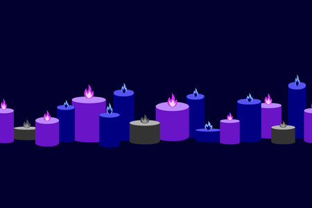 Seamless border with dark purple blue candles. halloween vector cartoon illustrationのイラスト素材