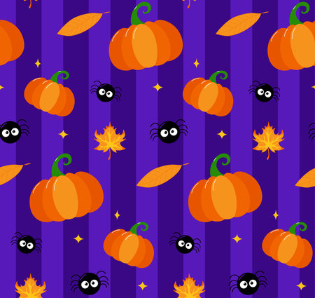 Vector Halloween seamless pattern with pumpkin, leaves, spider on colored background. Cute holiday repeated texture. Childish hand drawn background with cartoon charactersのイラスト素材