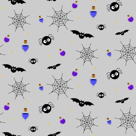 halloween seamless pattern trick or treat, halloween colors background with bats, spiders, potions, web vectorのイラスト素材