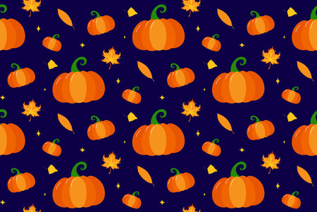 Seamless autumn pattern with pumpkins, fall leaves. Thanksgiving background. It can be used for wallpapers, wrapping, cards, patterns for clothes and other.のイラスト素材