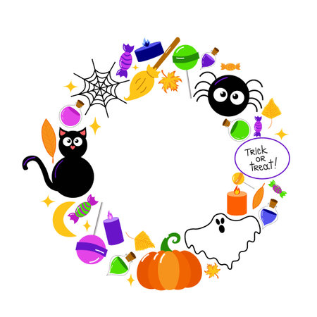 Cartoon vector illustration of round frame with pumpkin, bottles with witch's potion, black cat, candies, candles and other elements - concept of Halloween, holidays and black magicのイラスト素材