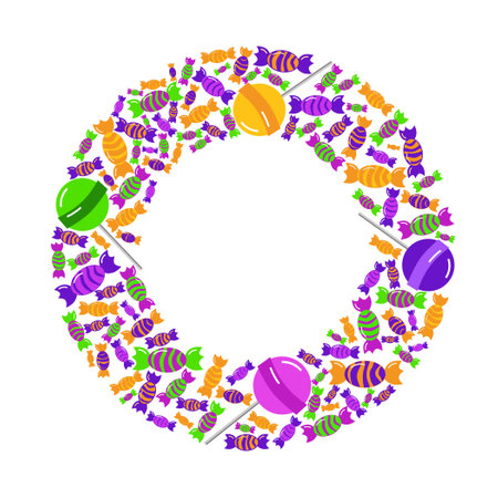 template for the text. round frame made of sweets and candies. card for the happy sweetest day and Halloween. Vector illustrationのイラスト素材