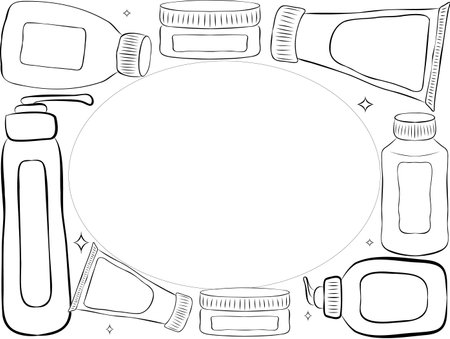 Korean cosmetics. K-beauty monochrome oval frame with hand draw doodle background. Vector illustrationのイラスト素材