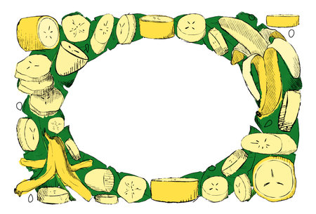 Oval ellipse Frame made of graphic Yellow Bananas and green tropical leaves on white background. Single Banana, Peeled Bunch, Slices vector illustration template for your textのイラスト素材
