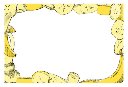 Fresh ripe yellow banana rectangle frame. Watercolor hand drawn illustration, isolated on white backgroundのイラスト素材