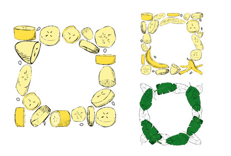 Banana set of square frames. Hand drawn Graphic cartoon templates. Vector Clip art isolated on white background exotic plant. Ideal for designing menus, price tags, labels and packaging of naturalのイラスト素材