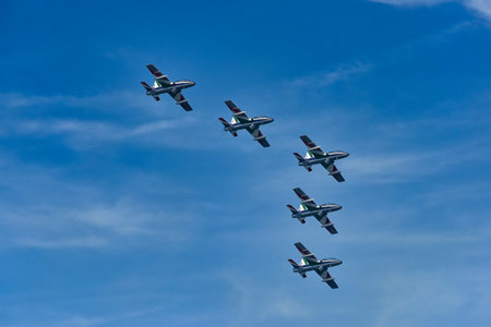 A part of Team of Frecce Tricolori aerobatic demonstration in Arona - Italy.の写真素材
