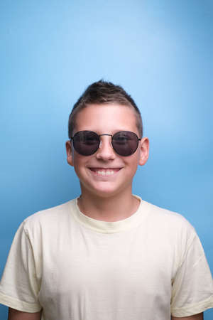 Emotional Portrait on blue backgroundの写真素材