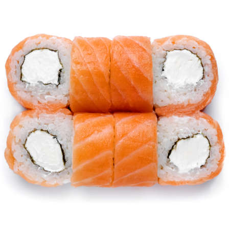 Sushi rolls california set with salmon, cheese isolated at white background. Japanese food delivery sushi set .の写真素材