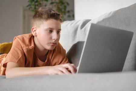 Teen boy study or play game on laptop home interior background. Guy doing homework and typing on laptopの写真素材
