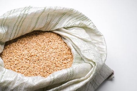 Bag with oat seeds isolated on white background top viewの写真素材