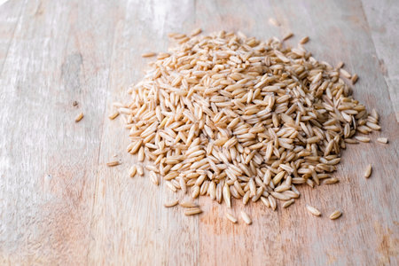 oat seeds heap isolated on white. top view with copyspaceの写真素材