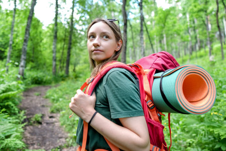 Young female tourist with backpack walking in the forest