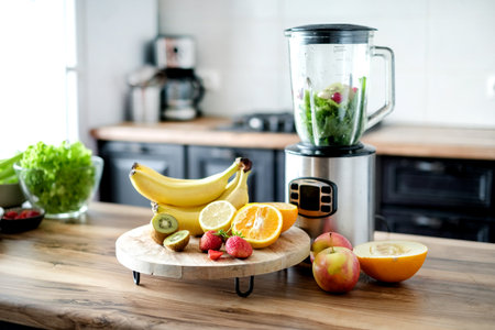 Blender with ingredients for smoothie and products on wooden table in kitchenの写真素材