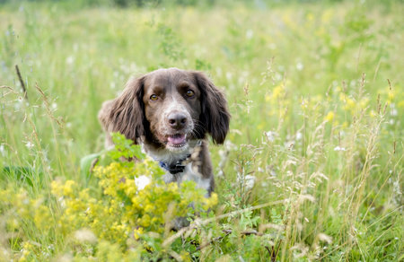 Brown spaniel lying in green grass in a field and lit by the setting sun.の写真素材