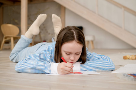 A girl lays on the floor carefully drawing in a sketchpad