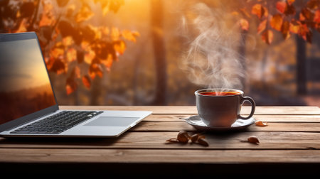 Beautiful workplace Outdoors with White laptop white cup with fruit tea, orange, notebook and glasses on a Wooden Table Background of yellow Autumn Garden.の素材