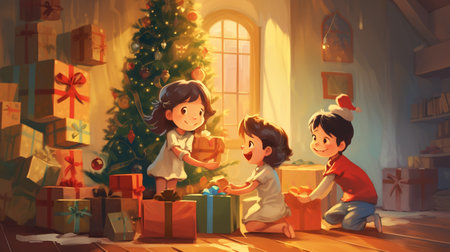 Kids opening Xmas presents. Children under Christmas tree with gift boxes. Decorated living room with traditional fire place. Cozy warm winter evening at home.の素材