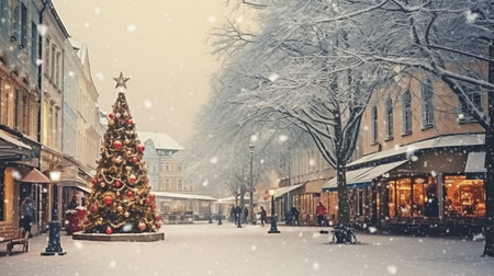 Winter country landscape with houses and christmas tree. Village decorations lights. Post greeting card in painting style.の素材